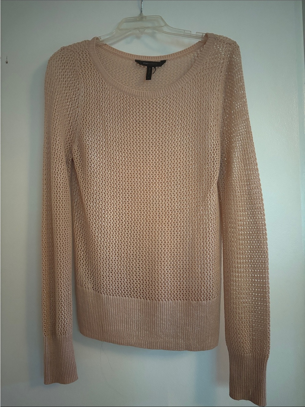 BCBGMaxAzria Light Pink Open-Knit Crewneck Sweater
